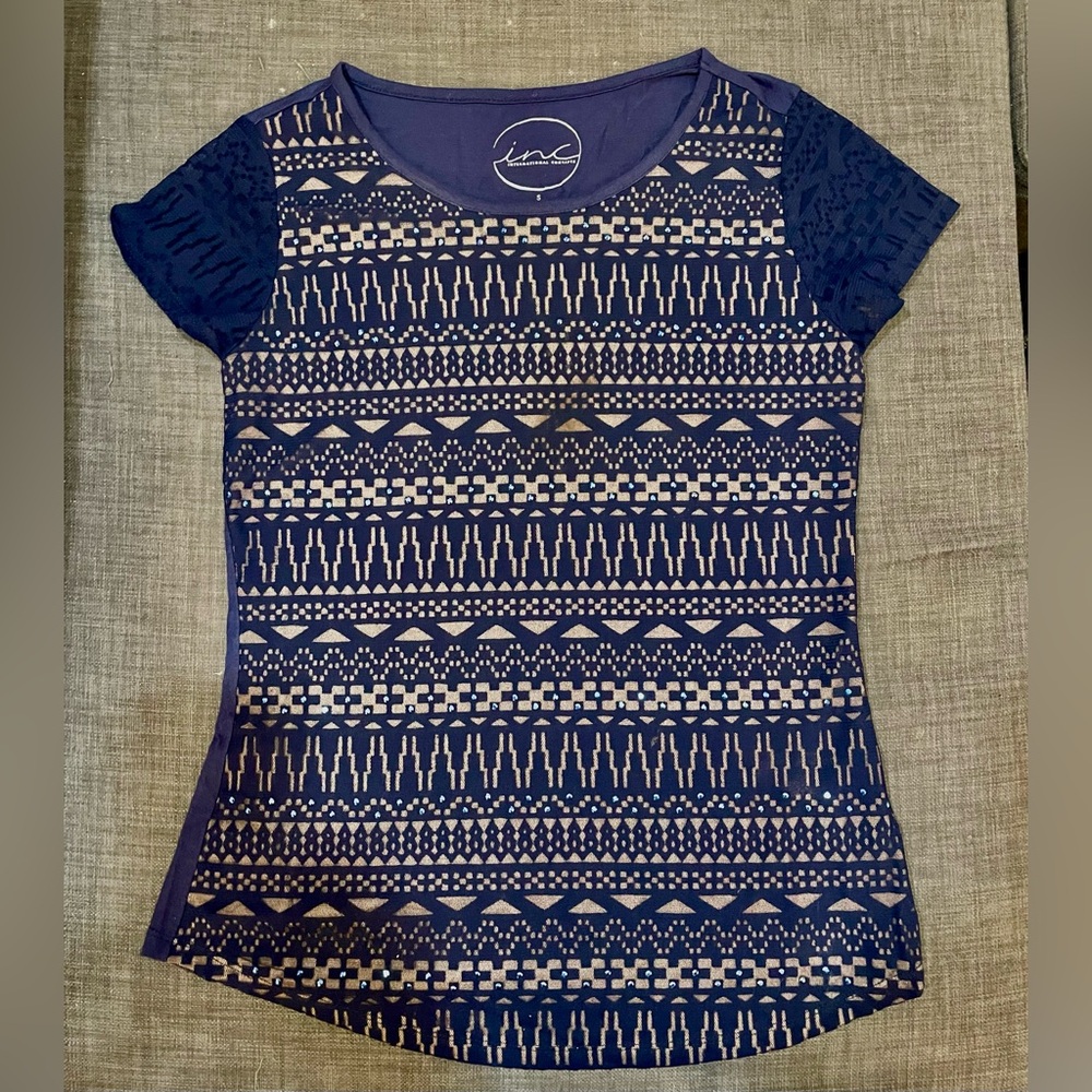 Women’s INC Concepts Blue Geometric Design Top With Sequins - Size Small